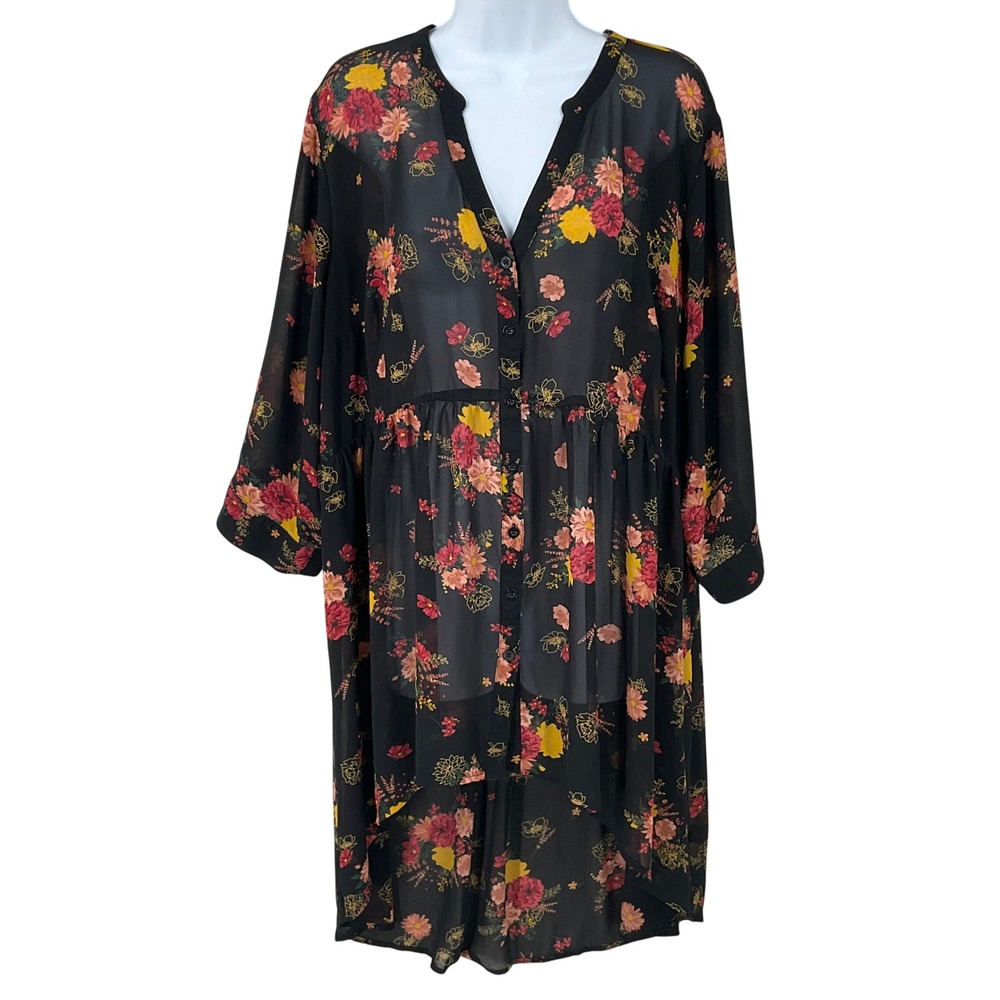Torrid Tunic Top Womens 3XL Black Dark Floral Sheer Boho Whimsigoth Airy